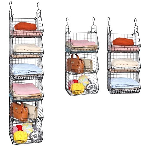 X-cosrack 6 Tier Closet Hanging Organizer, Clothes Hanging Shelves with 4 Hanging Hooks 5 S Hooks, Wire Storage Basket Bins, for Clothing Sweaters Shoes Handbags Clutches Accessories Patent Design