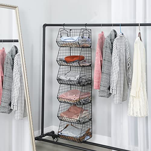 X-cosrack 6 Tier Closet Hanging Organizer, Clothes Hanging Shelves with 4 Hanging Hooks 5 S Hooks, Wire Storage Basket Bins, for Clothing Sweaters Shoes Handbags Clutches Accessories Patent Design