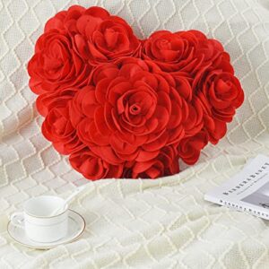 HIG Decorative Heart Throw Pillow with Insert, Aesthetic 3D Red Rose Flower Pillow for Settee Office Bedroom Living Room, Fun Romantic Couch Pillows with Handmade Vivid Petals, 18" x 15" (CORA)