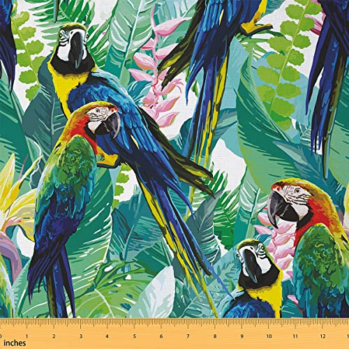 Parrot Upholstery Fabric by The Yard, Hawaiian Tropical Leaves by The Yard, Birds Floral Decorative Waterproof Outdoor Fabric, Upholstery and Home Accents, DIY Art, 10 Yards, Green Blue