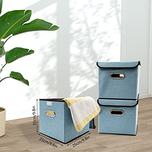 Foldable Cube Storage Bin with Lid, Set of 2, Collapsible Storage Basket with Lid ,25 CM x 25 CM, Boho Basket , Nursery Storage Bin, Cube Storage Baskets for Living Room Home Bedroom Closet Office Blue