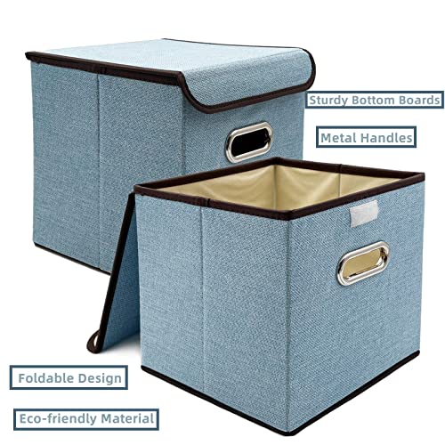 Foldable Cube Storage Bin with Lid, Set of 2, Collapsible Storage Basket with Lid ,25 CM x 25 CM, Boho Basket , Nursery Storage Bin, Cube Storage Baskets for Living Room Home Bedroom Closet Office Blue