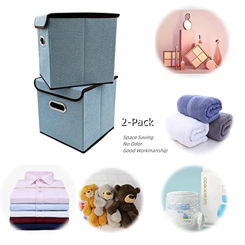 Foldable Cube Storage Bin with Lid, Set of 2, Collapsible Storage Basket with Lid ,25 CM x 25 CM, Boho Basket , Nursery Storage Bin, Cube Storage Baskets for Living Room Home Bedroom Closet Office Blue