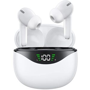 yosint wireless earbuds, bluetooth 5.1 headphones 30hrs playtime with led power display, ipx7 waterproof earphones, tws in ear stereo headset built-in mic for iphone/android (white)