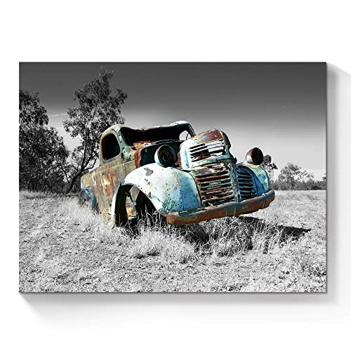 SunFlax Car Picture Canvas Wall Art - Rusty Blue Truck Picture Country Painting Vintage Black and White Print Rustic Farmhouse Artwork for Bedroom Bathroom Office