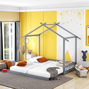 aocoroe house bed frame twin/king bed frame for boys and girls, wood extending twin to king extendable playhouse-design montessori floor bed platform bed frame with trundle