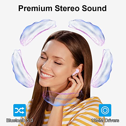 Wireless Earbud, Lrecat Bluetooth 5.3 Headphones with CVC8.0 HD Mics, 32H Playtime Bluetooth Earphones with Hi-Fi Stereo Sound, Wireless Headphones in Ear IP7 Waterproof, Ear Bud for Android iOS, Pink