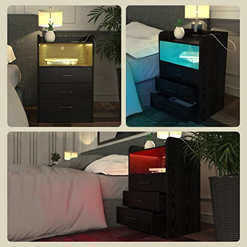 SUPERJARE Nightstand with Charging Station and LED Light Strips, Night Stand with Drawers, End Table with USB Ports and Outlets, Bedside Table for Bedroom, Black