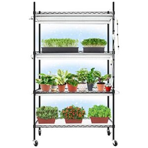 monios-l plant shelf with grow lights, 4-tier metal plant stand with 180w t8 5000k grow light bar, heavy duty adjustable rack with wheels for indoor plants, succulents, seedlings(35lx14wx61h, black)