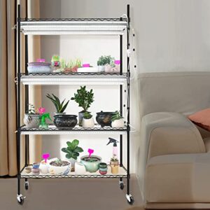 Monios-L Plant Shelf with Grow Lights, 4-Tier Metal Plant Stand with 180W T8 5000K Grow Light Bar, Heavy Duty Adjustable Rack with Wheels for Indoor Plants, Succulents, Seedlings(35Lx14Wx61H, Black)