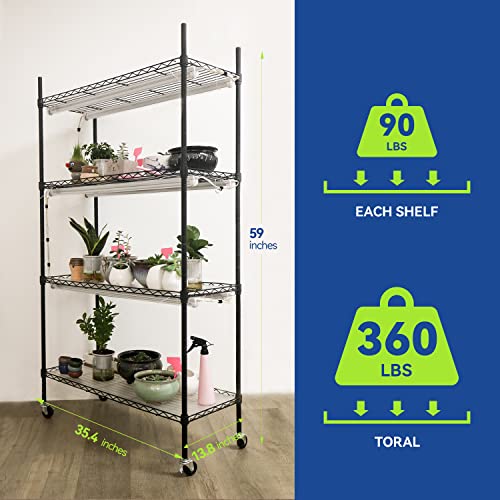 Monios-L Plant Shelf with Grow Lights, 4-Tier Metal Plant Stand with 180W T8 5000K Grow Light Bar, Heavy Duty Adjustable Rack with Wheels for Indoor Plants, Succulents, Seedlings(35Lx14Wx61H, Black)