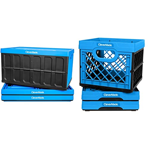 CleverMade - 8034119-21843PK 62L Collapsible Storage Bins, 3 Pack, Neptune Blue & Milk Crates, 25L Plastic Stackable Storage Bins CleverCrates Utility Folding Baskets, Pack of 3, Blue