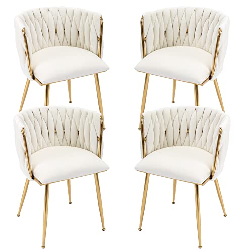 DUOMAY Modern Barrel Dining Chair Set of 4, Velvet Upholstered Accent Side Chair Makeup Vanity Chair with Back Living Room Leisure Chair with Gold Metal Legs for Dining Room Office, White