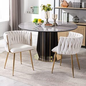 DUOMAY Modern Barrel Dining Chair Set of 4, Velvet Upholstered Accent Side Chair Makeup Vanity Chair with Back Living Room Leisure Chair with Gold Metal Legs for Dining Room Office, White