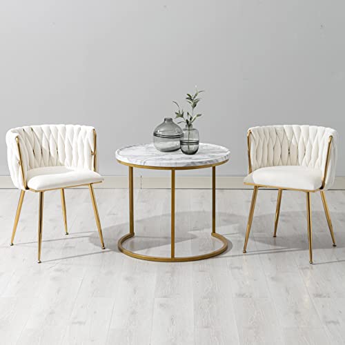 DUOMAY Modern Barrel Dining Chair Set of 4, Velvet Upholstered Accent Side Chair Makeup Vanity Chair with Back Living Room Leisure Chair with Gold Metal Legs for Dining Room Office, White