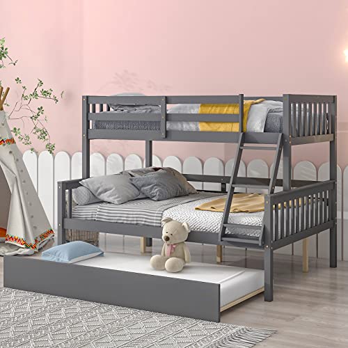 Unovivy Twin Over Full Bunk Bed with Trundle, Bunk Beds Twin Over Full Size with Guardrails and Ladder, Suitable for Kids, Teens, No Box Spring Needed, Gray