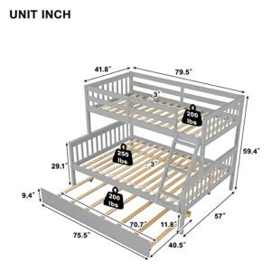Unovivy Twin Over Full Bunk Bed with Trundle, Bunk Beds Twin Over Full Size with Guardrails and Ladder, Suitable for Kids, Teens, No Box Spring Needed, Gray