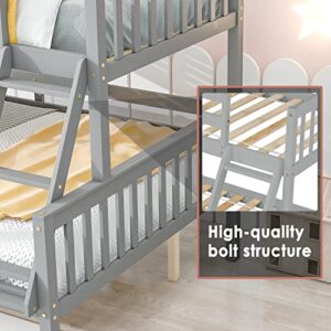 Unovivy Twin Over Full Bunk Bed with Trundle, Bunk Beds Twin Over Full Size with Guardrails and Ladder, Suitable for Kids, Teens, No Box Spring Needed, Gray