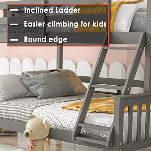 Unovivy Twin Over Full Bunk Bed with Trundle, Bunk Beds Twin Over Full Size with Guardrails and Ladder, Suitable for Kids, Teens, No Box Spring Needed, Gray