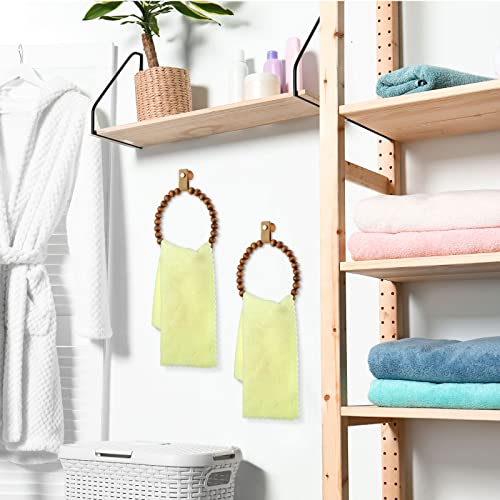 Vesici 2 Pcs Handmade Boho Towel Rack Bead Round Wood Ring Wall Mounted Bathroom Decor Wooden Bath Rings Rustic Farmhouse Hand Holder for Kitchen Stand Accessories