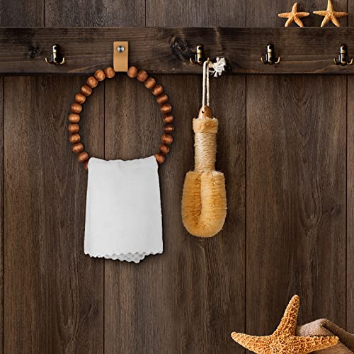 Vesici 2 Pcs Handmade Boho Towel Rack Bead Round Wood Ring Wall Mounted Bathroom Decor Wooden Bath Rings Rustic Farmhouse Hand Holder for Kitchen Stand Accessories