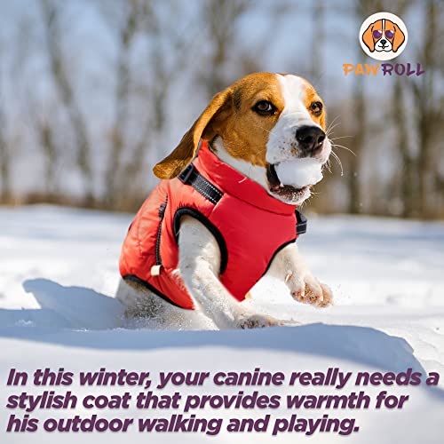 PawRoll Dog Jacket for Winter - Zipper Dog Puffer Coat with Harness - Waterproof Exterior & Warm Fleece Interior Ideal for Small, Medium & Large Breeds (Small, Red)