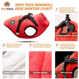 PawRoll Dog Jacket for Winter - Zipper Dog Puffer Coat with Harness - Waterproof Exterior & Warm Fleece Interior Ideal for Small, Medium & Large Breeds (Small, Red)