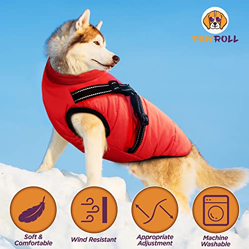 PawRoll Dog Jacket for Winter - Zipper Dog Puffer Coat with Harness - Waterproof Exterior & Warm Fleece Interior Ideal for Small, Medium & Large Breeds (Small, Red)
