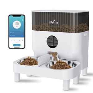 ipettie automatic cat feeder for two cats, 2.4g wifi app control, 5l/21 cup capacity, 1-10 meals per day, adjustable bowl height, cat feeder automatic w/ 2 stainless steel bowls, voice recording