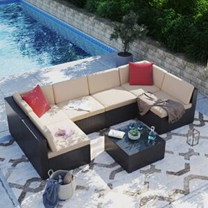 greesum patio furniture sets 7 piece outdoor wicker rattan sectional sofa with cushions, pillows & glass table, beige