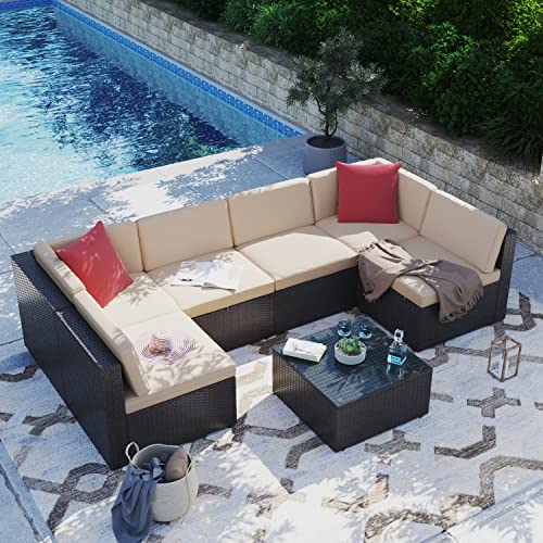 Greesum Patio Furniture Sets 7 Piece Outdoor Wicker Rattan Sectional Sofa with Cushions, Pillows & Glass Table, Beige