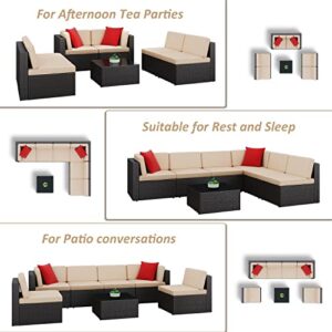 Greesum Patio Furniture Sets 7 Piece Outdoor Wicker Rattan Sectional Sofa with Cushions, Pillows & Glass Table, Beige