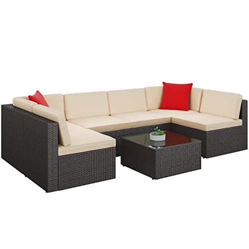 Greesum Patio Furniture Sets 7 Piece Outdoor Wicker Rattan Sectional Sofa with Cushions, Pillows & Glass Table, Beige