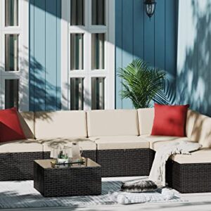 Greesum Patio Furniture Sets 7 Piece Outdoor Wicker Rattan Sectional Sofa with Cushions, Pillows & Glass Table, Beige