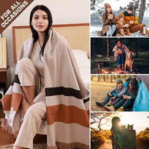 ZonLi Herringbone Striped Wool Blanket with Fringe, 50"x60" Warm Washable Wool Throw Blanket for Military, Camping, Outdoors, Emergency Kits, All Season Use(Oat)