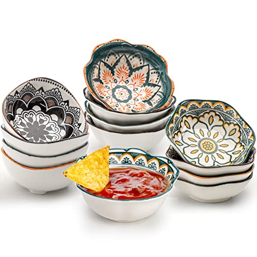 Foraineam 12 Pieces 3 Oz Porcelain Dip Bowl Set, Little Soy Sauce Dipping Bowls, Floral Mini Appetizer Dessert Condiments Server Dishes for Snack Sushi Ketchup, Vinegar, Sauce, Seasoning