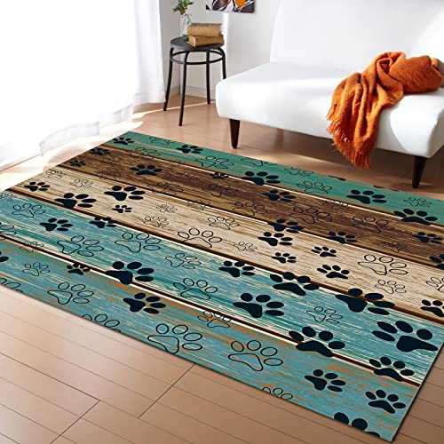 Seven Roses Indoor Area Rug, Paw Print Filling Non Slip Carpet Pad Bathroom Mat, Rustic Teal Brown Beige Wood Kitchen Runner Area Rug for Bedroom/Living Room/Kids Room 4'x6'