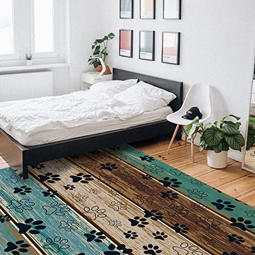 Seven Roses Indoor Area Rug, Paw Print Filling Non Slip Carpet Pad Bathroom Mat, Rustic Teal Brown Beige Wood Kitchen Runner Area Rug for Bedroom/Living Room/Kids Room 4'x6'