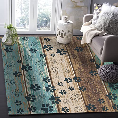 Seven Roses Indoor Area Rug, Paw Print Filling Non Slip Carpet Pad Bathroom Mat, Rustic Teal Brown Beige Wood Kitchen Runner Area Rug for Bedroom/Living Room/Kids Room 4'x6'