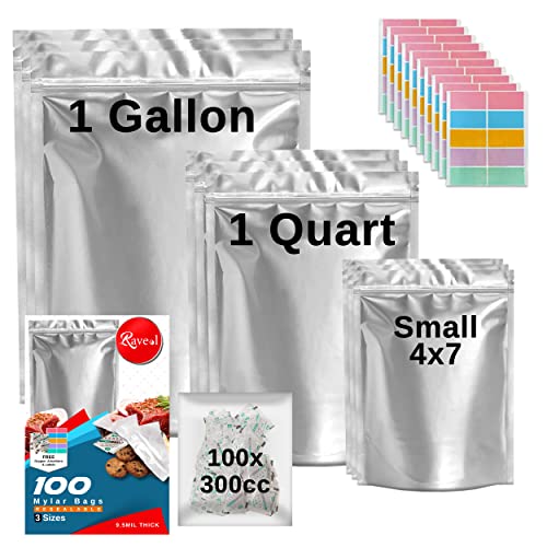 Raveel 100pcs Mylar Bags, Mylar Bags for food Storage with 100 Oxygen Absorbers & 100 Labels,Resealable Mayler Food Bags Ziplock Storage Bags,Free Heat Resistant Smell Proof and Food Grade Seal Bags