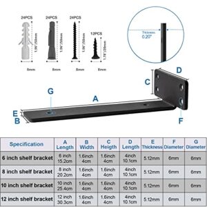 WEKIS Floating Shelf Bracket 12 Inch, Hidden Invisible L Shelves Brackets 6 Pack, Heavy Duty Cast Iron 1/5 Inch Metal Industrial Black Shelf Bracket Hardware Supports, Brackets for Shelves (12 inch )