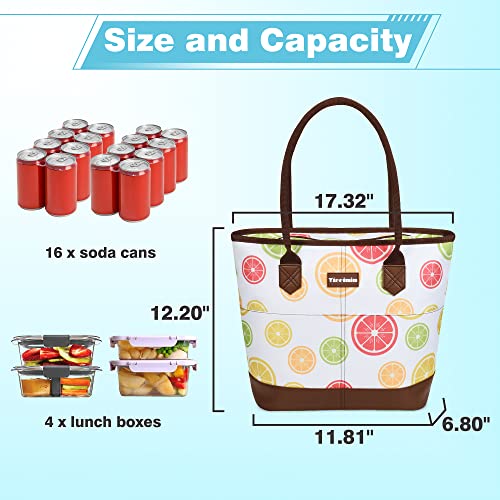 Tirrinia Large Insulated Lunch Tote Bag for Women, Cute Waterproof Leakproof Cooler Bag with Zipper for Work, Beach, Adult Shopping Grocery Bags for Frozen Food - White Lemon