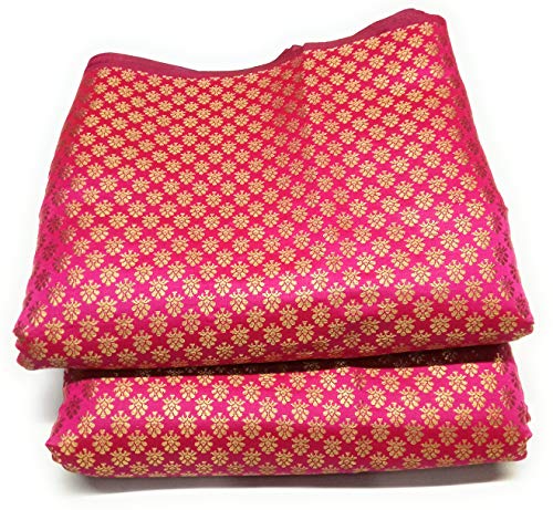 Banarasi Brocade Poly Silk Unstitched Running Fabric/Cloth/Dress Material with Golden Jacquard Work by The Yards (Pink Gold, 6 Yard)