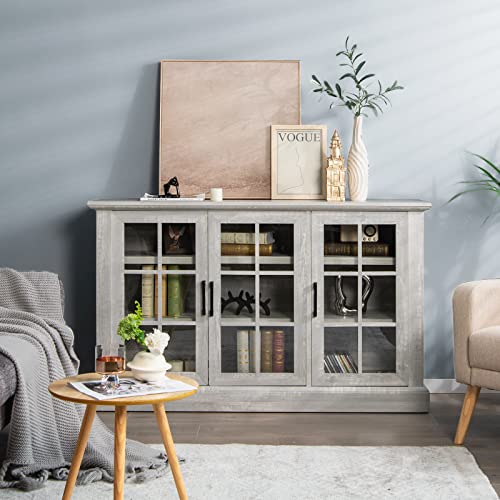 Giantex Buffet Cabinet with Storage, Farmhouse Large Sideboard, 3 Glass Door Adjustable Shelves, Anti-toppling Design, Wooden Credenza Cupboard for Living Room, Kitchen (Grey)