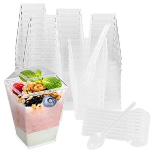 wiaregom 50pack 5oz square plastic dessert cups with lids and spoons,clear parfait appetizer cups for tasting party desserts fruit parfait baby shower party