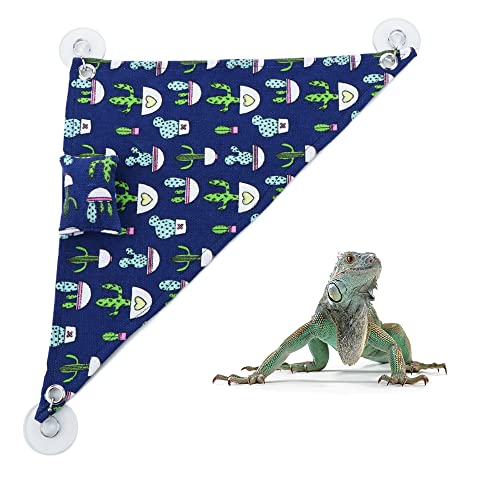 2 Pcs Reptile Hammock with Small Pillow Swing Hanging Bed Lounger Ladder with Adhesive Hooks and Suction Hook for Lizard Leopard Gecko Bearded Dragon Rat (Beige and Blue)