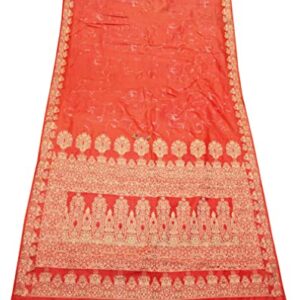 Peegli Vintage Orange Saree Woven Cloth 100% Pure Silk Fabric Art Craft Women Sari