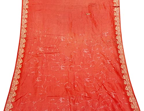 Peegli Vintage Orange Saree Woven Cloth 100% Pure Silk Fabric Art Craft Women Sari