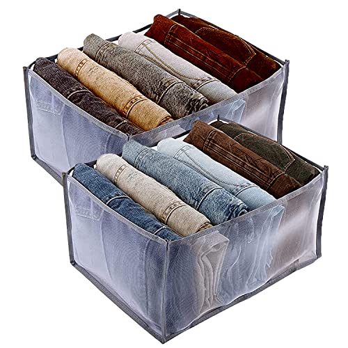 Jean Organizer for Closet - 2 Pack Wardrobe Clothes Organizer 7 Grids, Closet Organizers and Storage for Clothes, Clothes Organizer for Folded Clothes, Jeans, Sweater, Dresses, T-shirts (Grey)