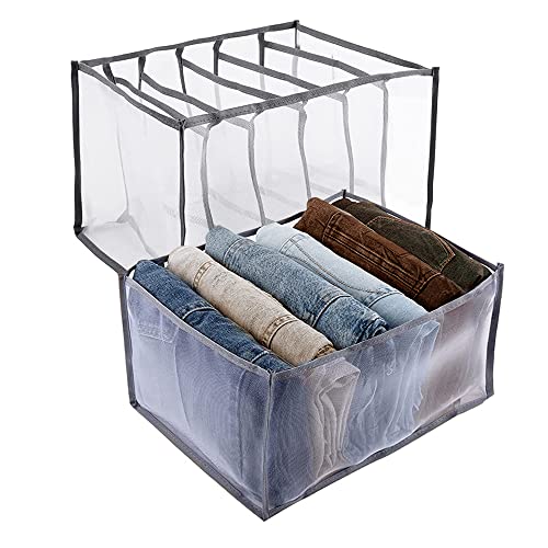 Jean Organizer for Closet - 2 Pack Wardrobe Clothes Organizer 7 Grids, Closet Organizers and Storage for Clothes, Clothes Organizer for Folded Clothes, Jeans, Sweater, Dresses, T-shirts (Grey)